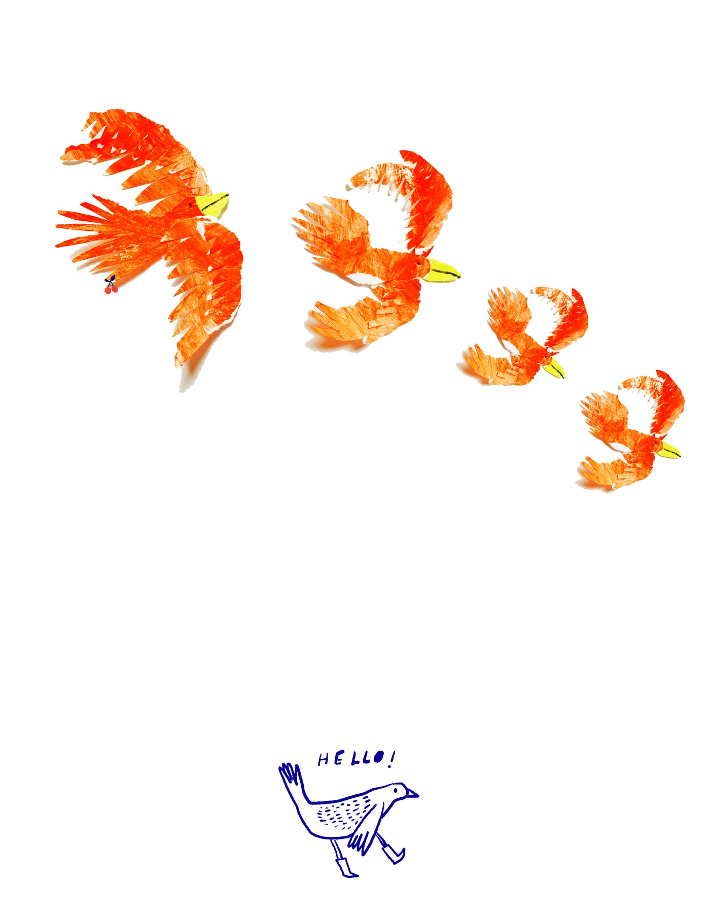 A mixed media illustration by Auracherrybag that contains a phoenix moving across a white background. A chicken is at the bottom of the page above which is the word 'Hello'