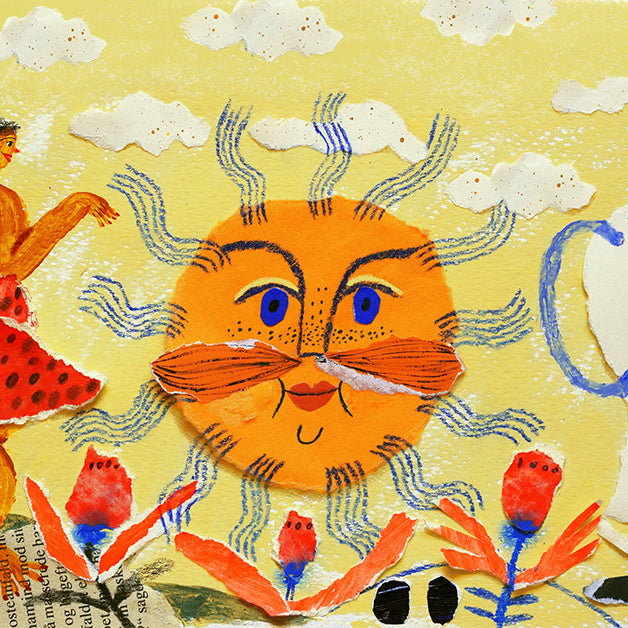 Mixed media illustration by Auracherrybag. The sun has a smile and is surrounded by two women. One is running, and the other is sitting inside a vase