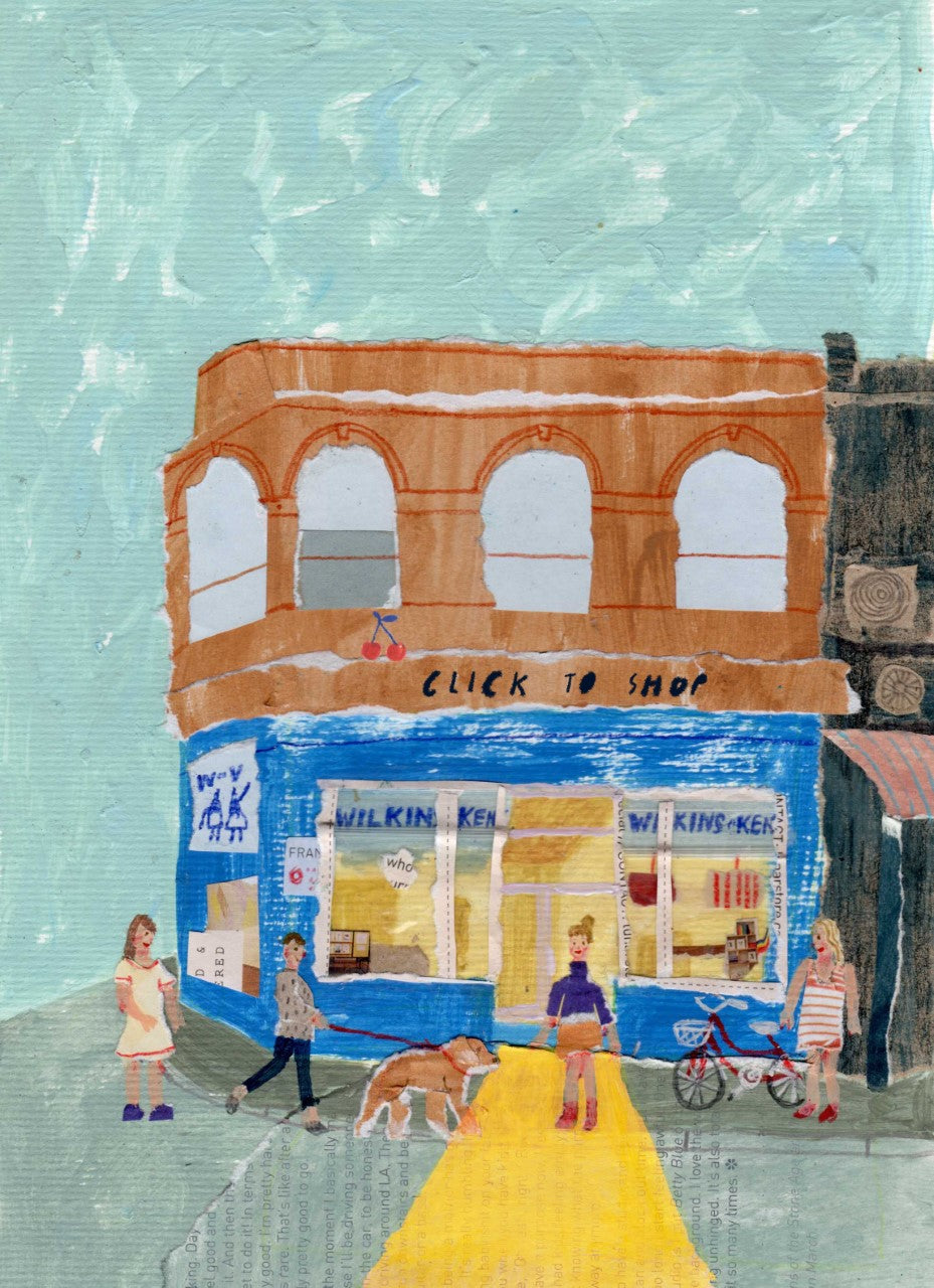 Mixed media illustration by Auracherrybag containing a blue and brown corner shop. People are walking by on the road outside, as well as a dog. The logo says 'click to shop'