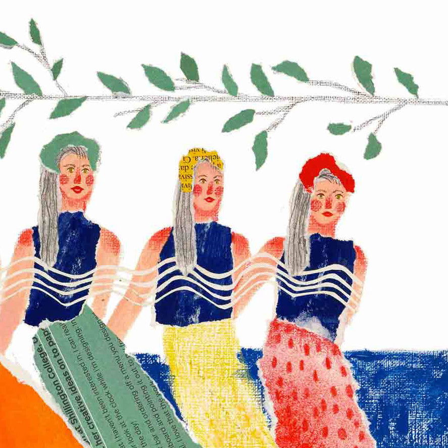 Mixed media illustration by artist Auracherrybag. Four women at sitting on a blue bench wearing blue tops. There are some fruit and a branch of leaves arching over them