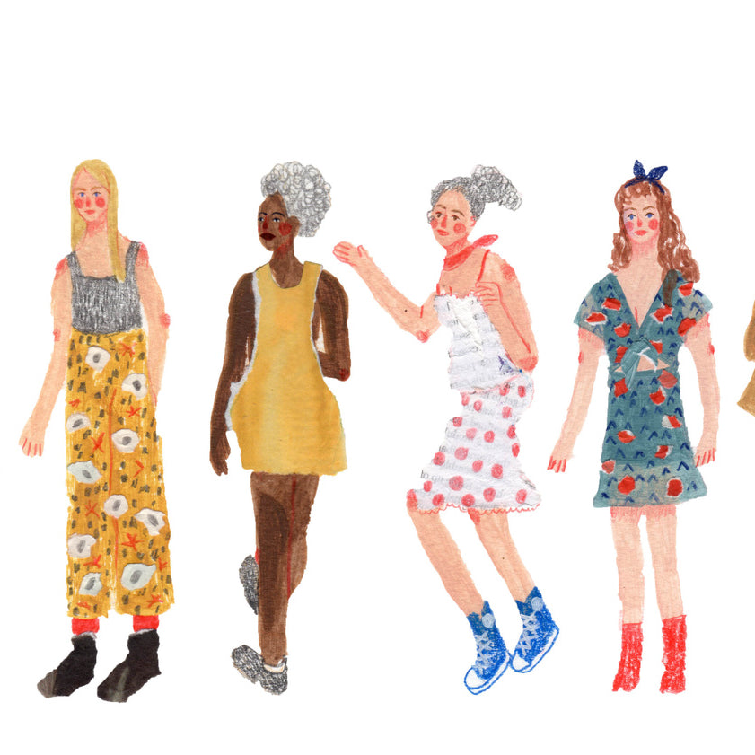 Mixed media illustration by Auracherrybag. A line of women of different ages and dress are standing in different poses.