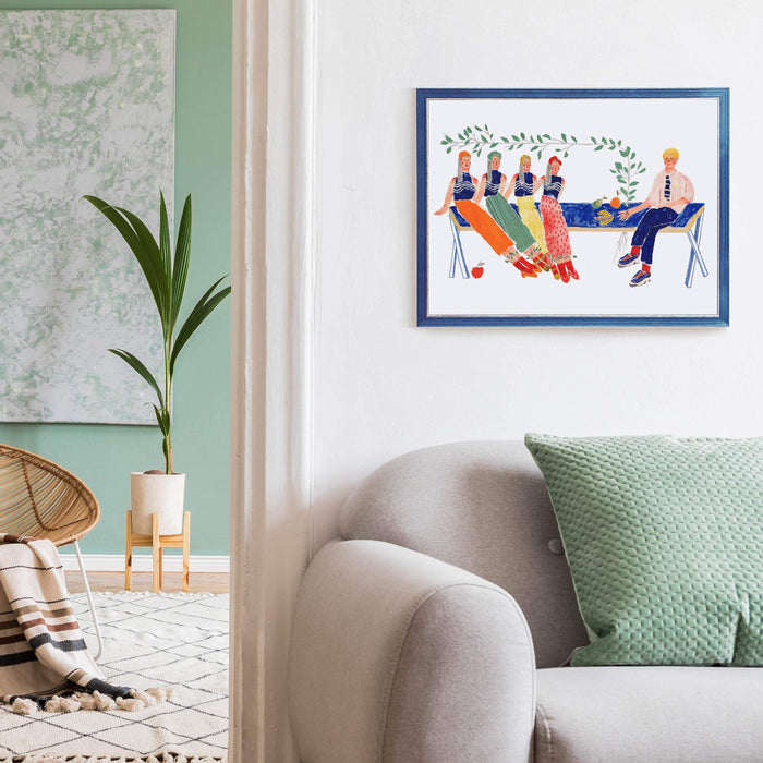 Giclee print by Auracherrybag titled "David Hockney and Fruit on the Bench" displayed on a wall  inside a home
