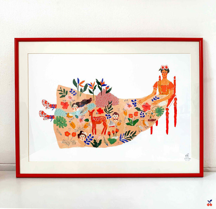 Giclee print by Auracherrybag titled "Frida and What the Water Gave me" inside a red frame against a wall